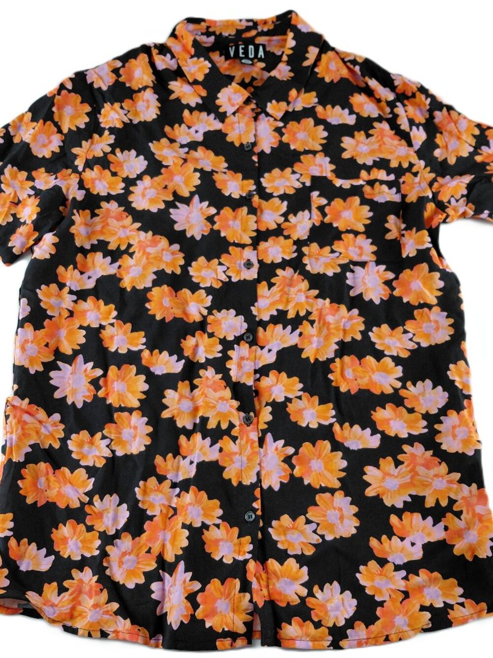 VEDA Short Sleeve Button Front Shirt Women's Small Black Purple Orange Floral
